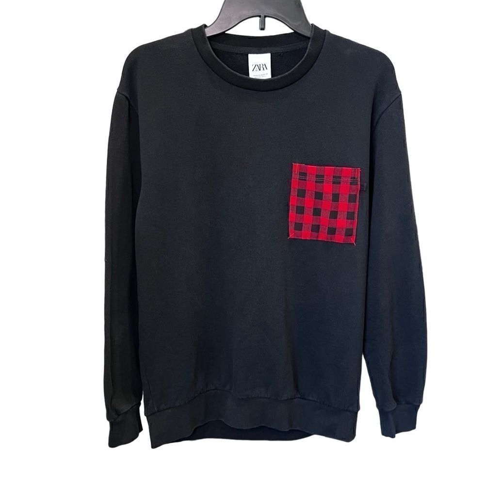 Zara Men’s pullover sweatshirt black buffalo plaid pocket size medium
